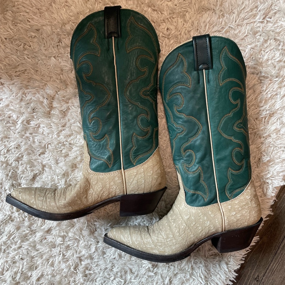Green and Cream Western Cowboy Boots